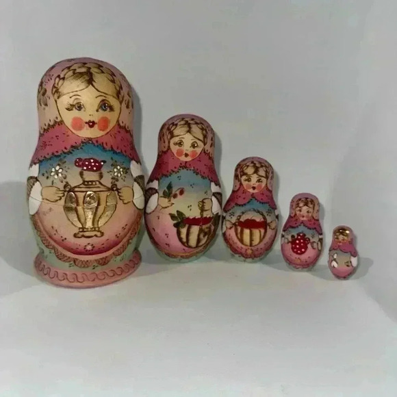 Russian Nesting Dolls Ceprueb Nocag 5 Piece Signed by Artist Vintage / Pink Blue - Picture 3 of 10